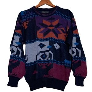 Michael Gerald Sweater Mens M Navy Blue‎ Vtg Geometric Intarsia Knit grandpacore
